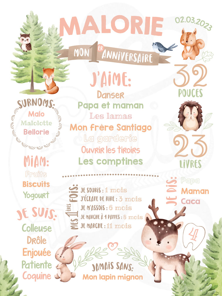 Affiche anniversaire personnalisée 1 an - Animaux de la forêt / woodland - La Craie co