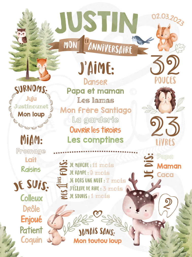 Affiche anniversaire personnalisée 1 an - Animaux de la forêt / woodland - La Craie co