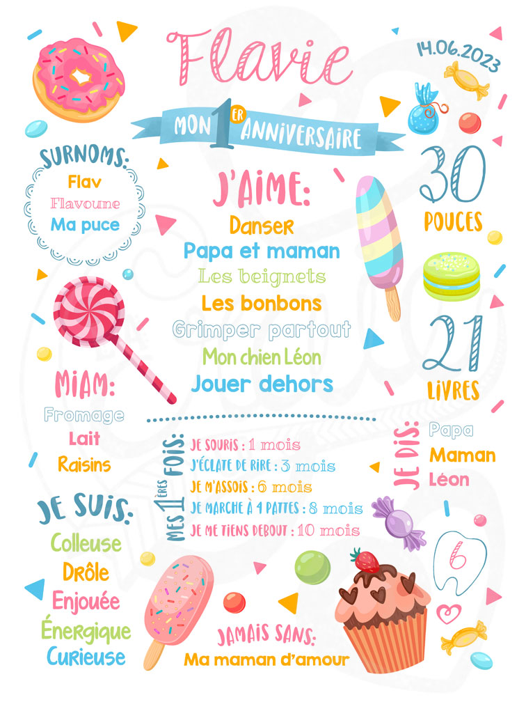 Affiche anniversaire personnalisée 1 an - Friandises, bonbons, beignes rose - La Craie co