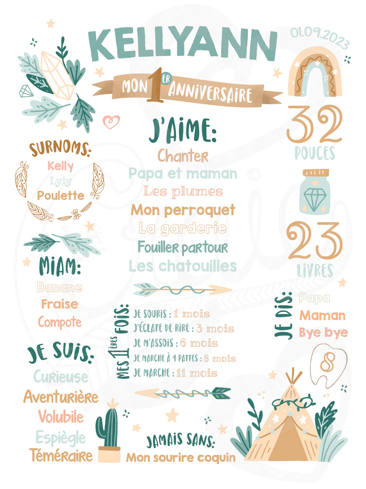 Affiche anniversaire personnalisée 1 an - Boho - La Craie co