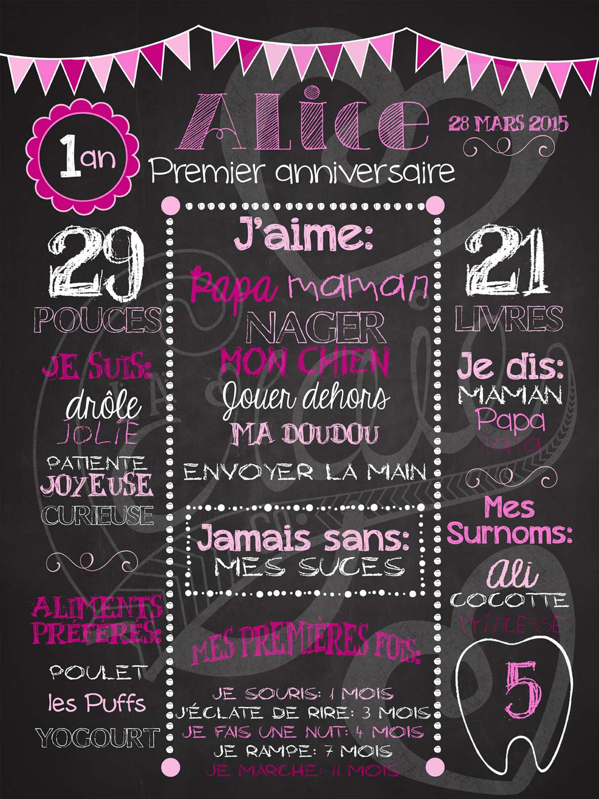 Affiche chalkboard 1er anniversaire Bonheur rose - ROSE