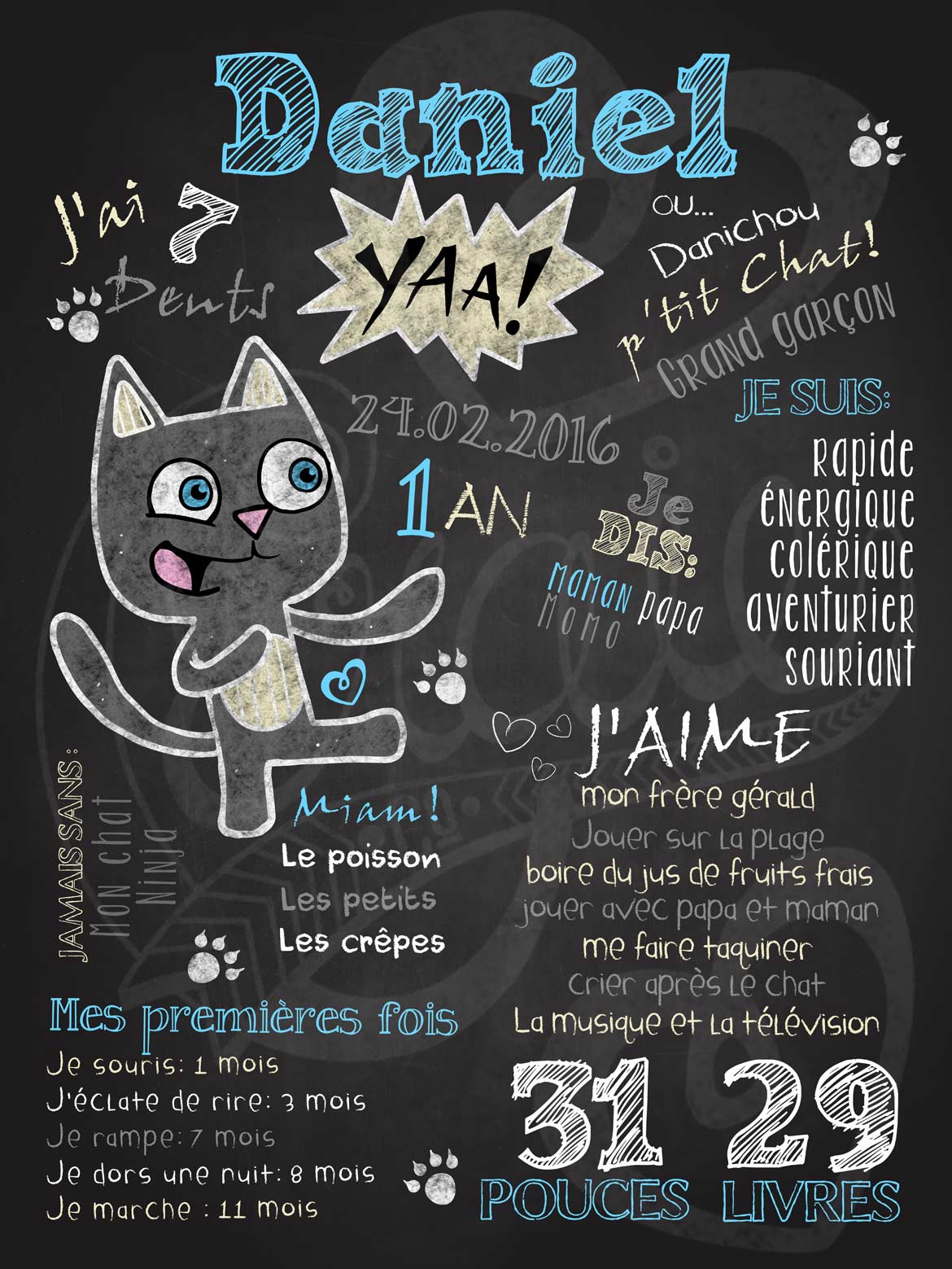 Affiche chalkboard 1er anniversaire Chat ninja noir - Les Tronches