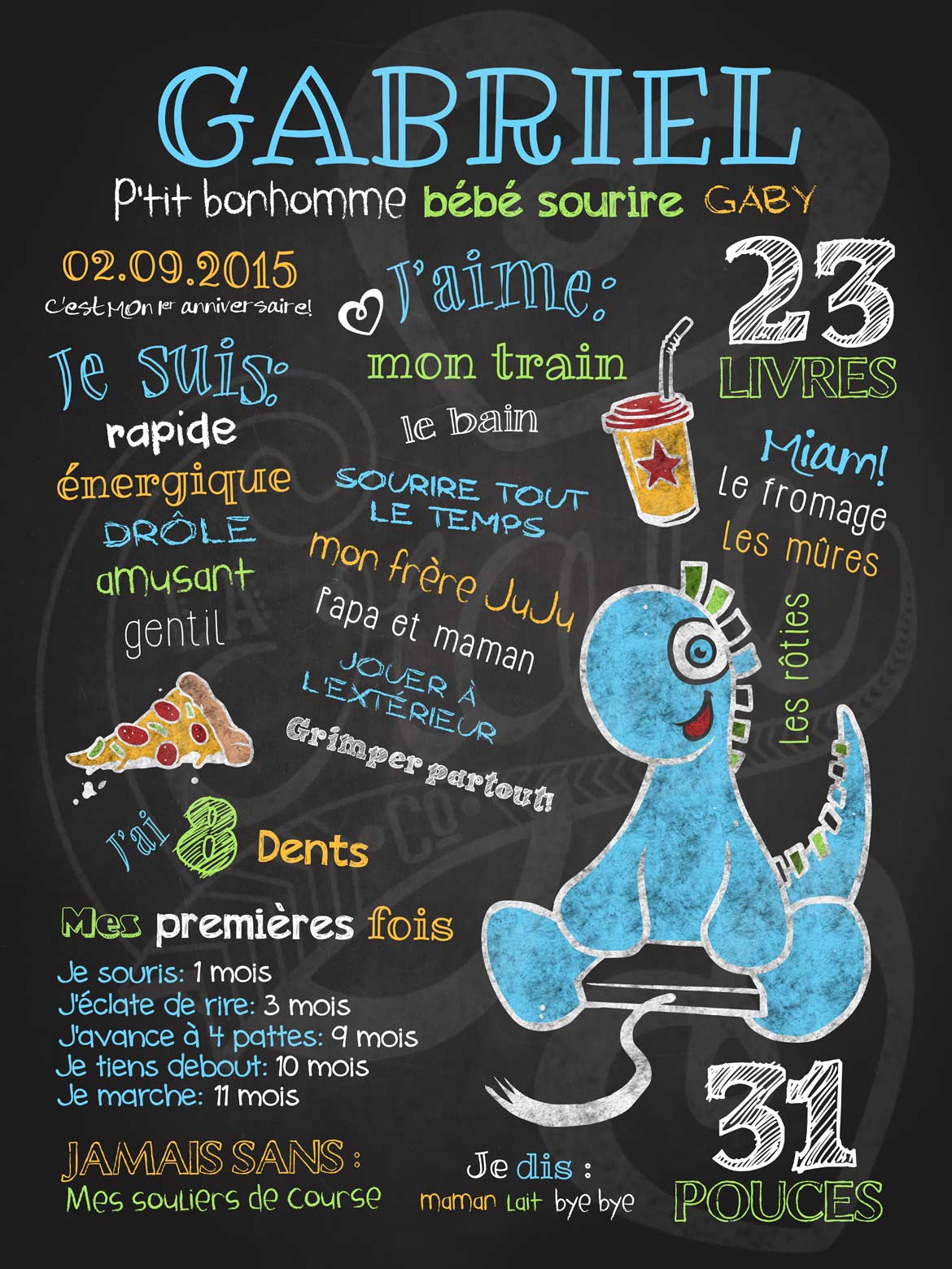 Affiche chalkboard 1er anniversaire Dino l'intello - Les Tronches