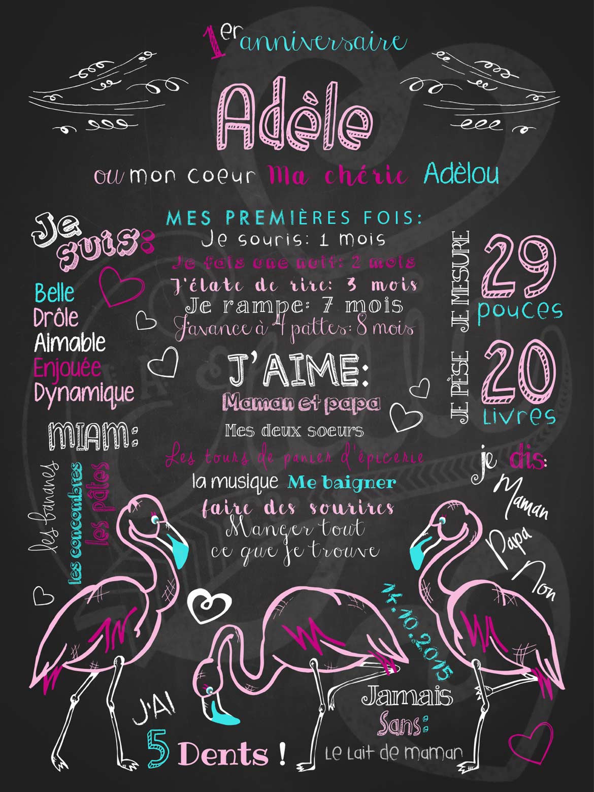 Affiche chalkboard 1er anniversaire Hola Flamingo! - ROSE