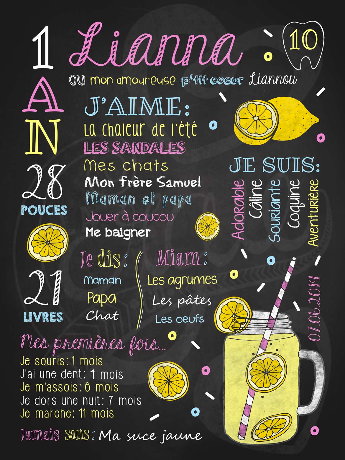 Affiche chalkboard 1er anniversaire Limonade sucrée - ROSE