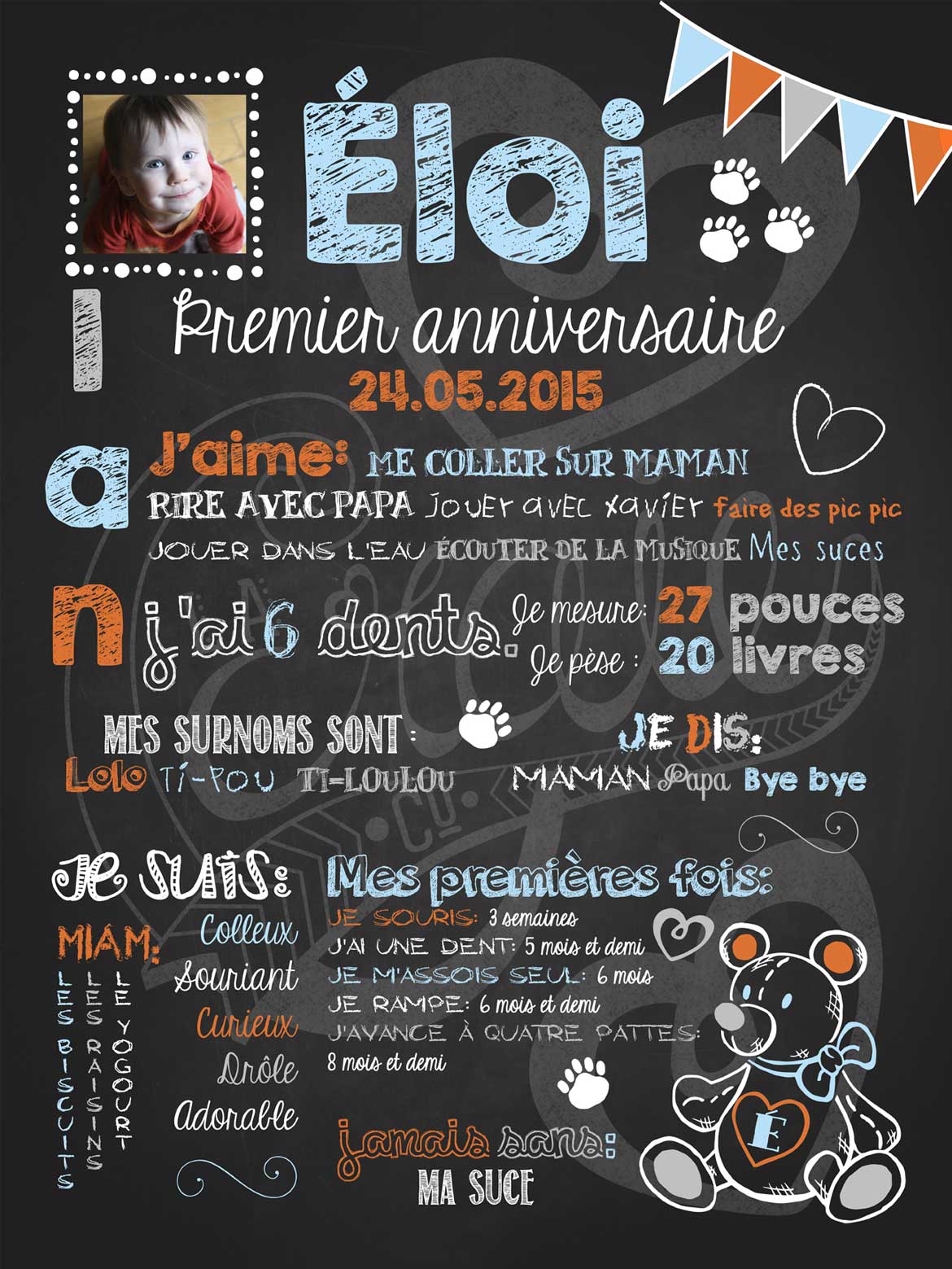 Affiche chalkboard 1er anniversaire Nounours d'amour - BLEU