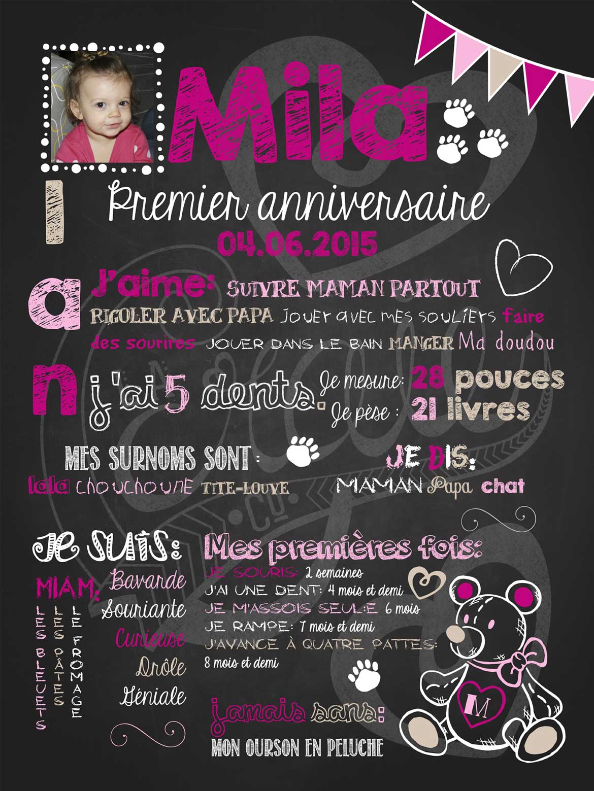 Affiche chalkboard 1er anniversaire Nounours d'amour - FUSCHIA