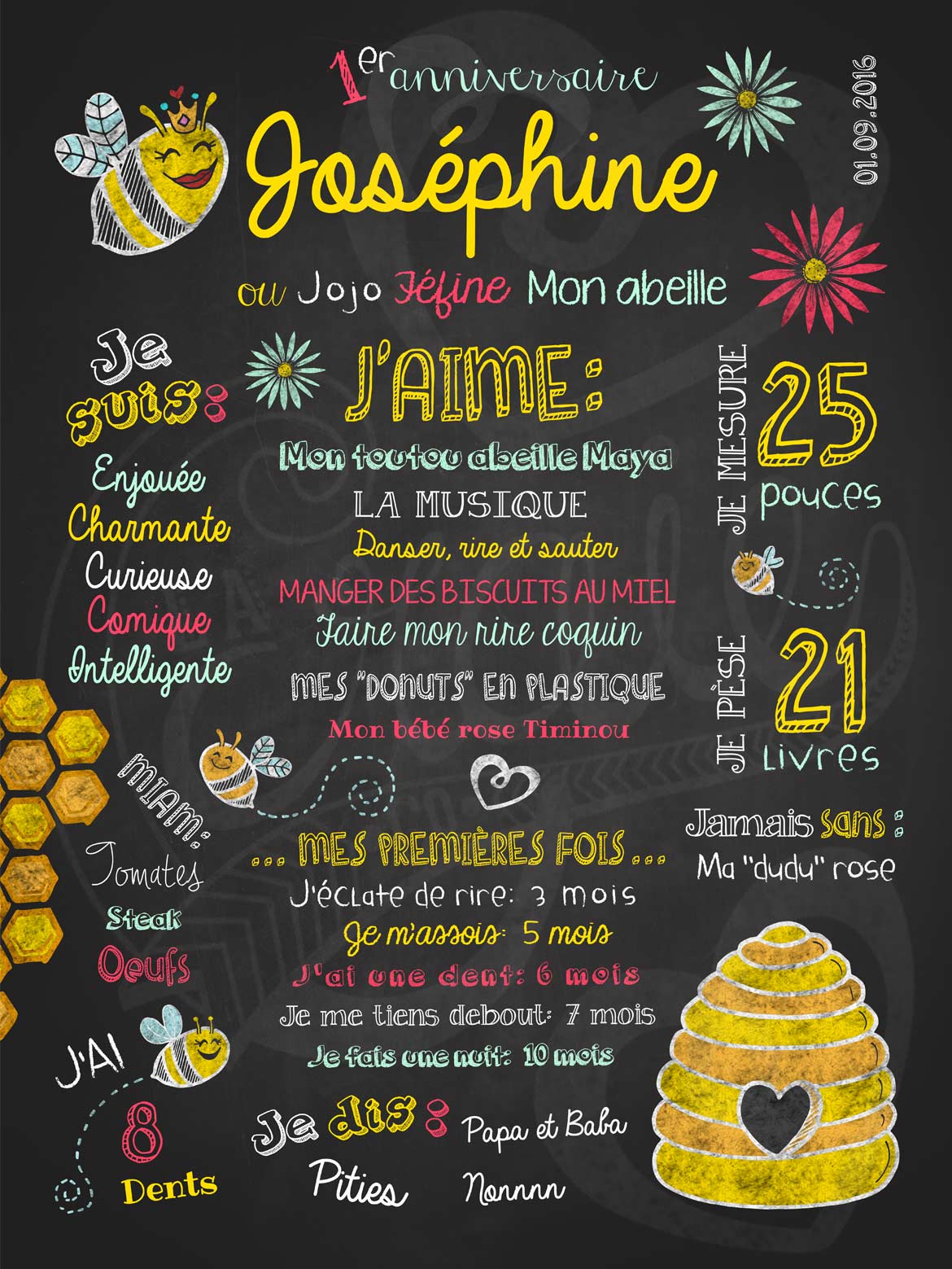 Affiche chalkboard 1er anniversaire Petites abeilles - JAUNE