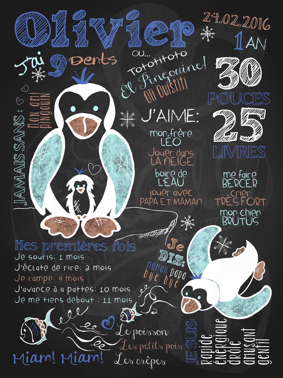 Affiche chalkboard 1er anniversaire Plaisir sur la banquise - BLEU