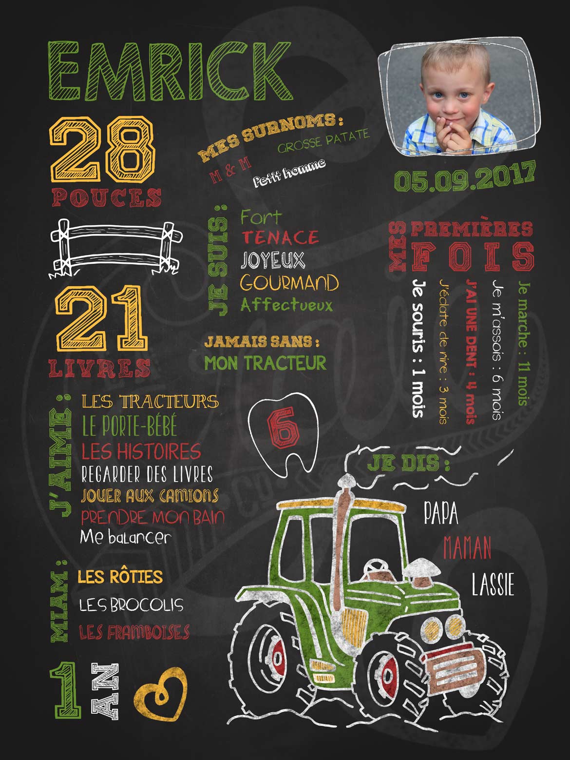Affiche chalkboard 1er anniversaire Promenade en tracteur - VERT