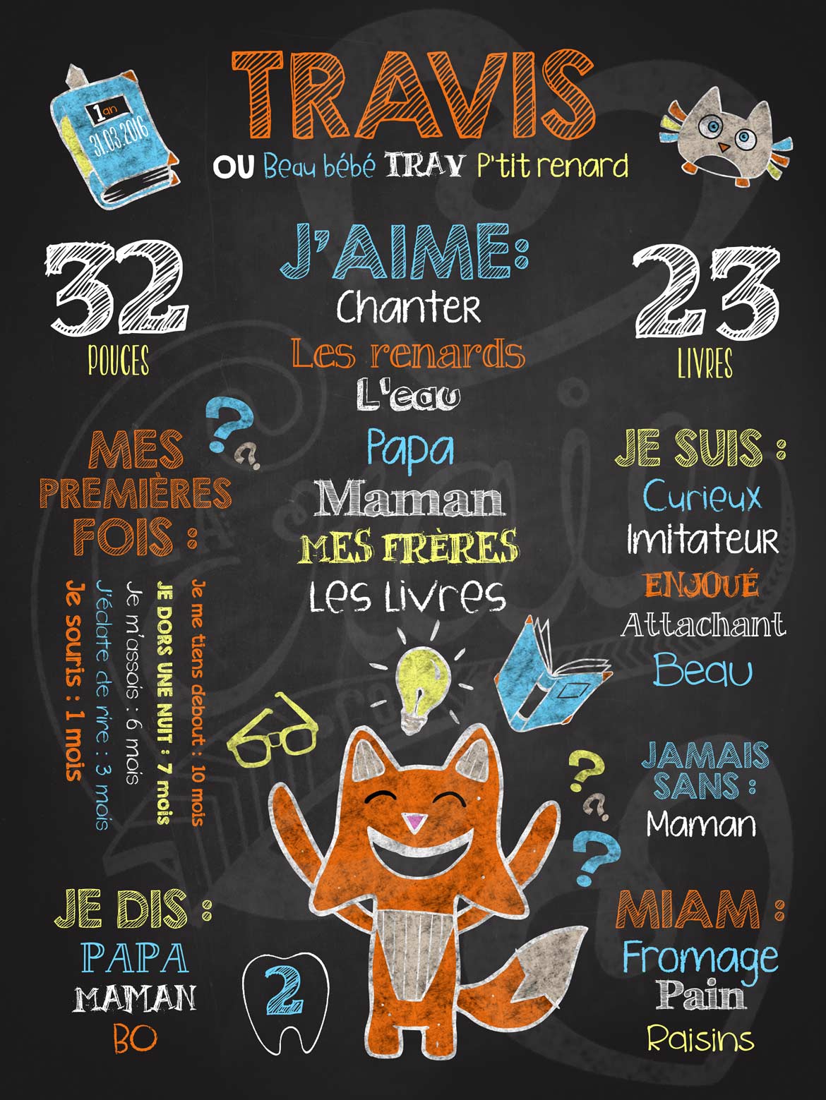 Affiche chalkboard 1er anniversaire Renard le débrouillard - Les Tronches