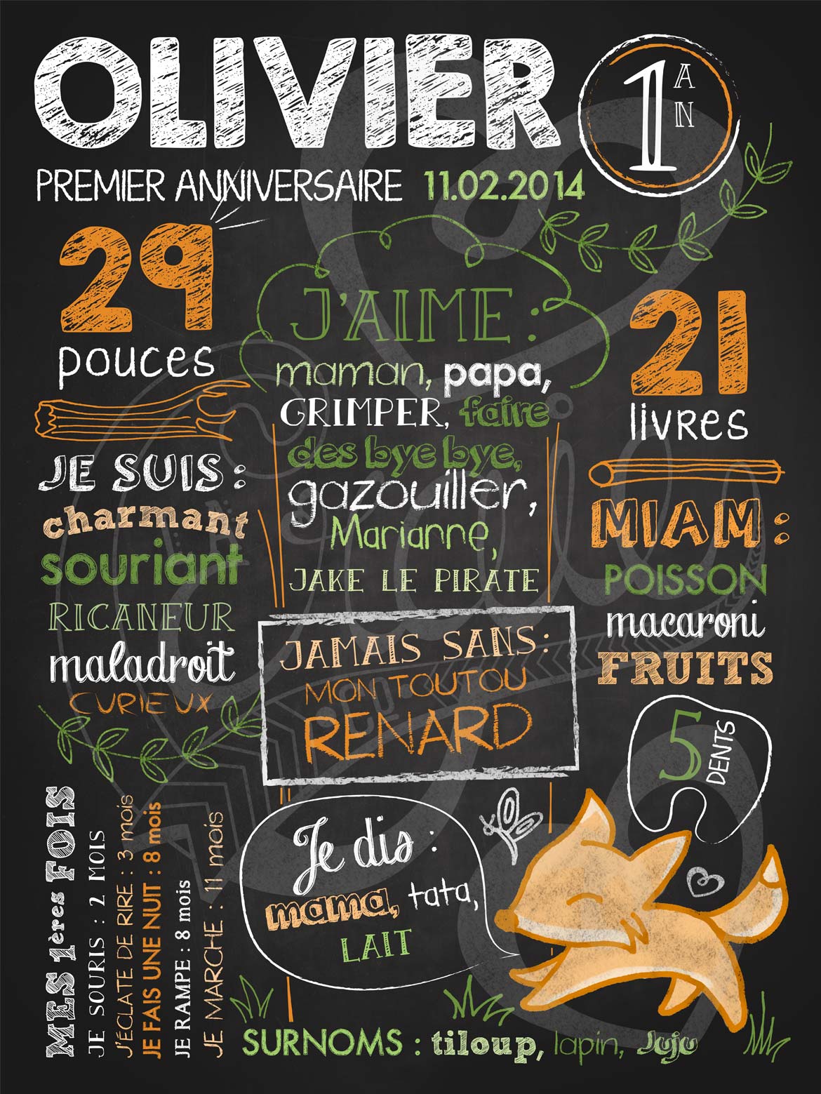 Affiche chalkboard 1er anniversaire Renard en fuite - ORANGE