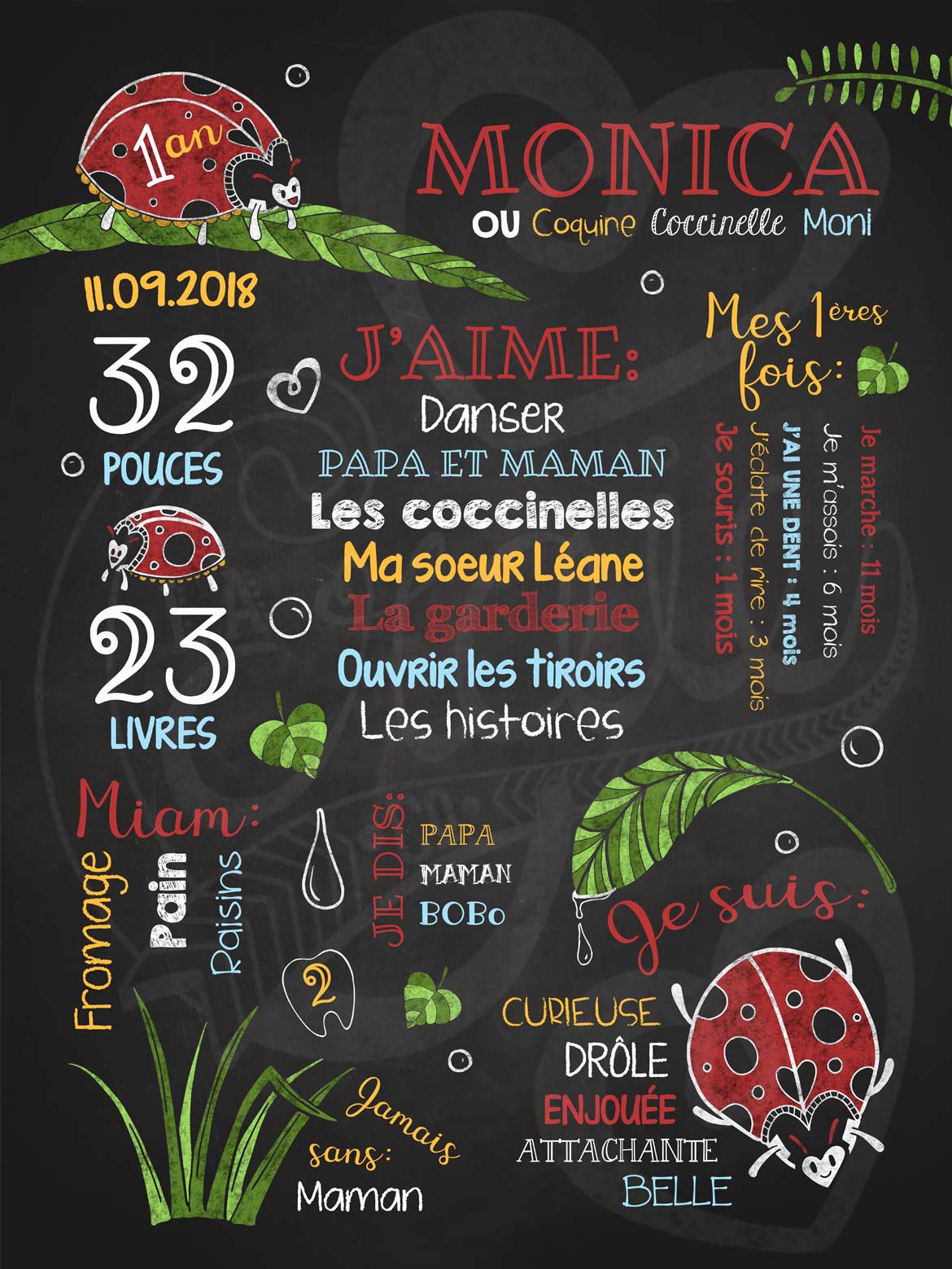Affiche chalkboard 1er anniversaire Toutes belles coccinelles - ROUGE
