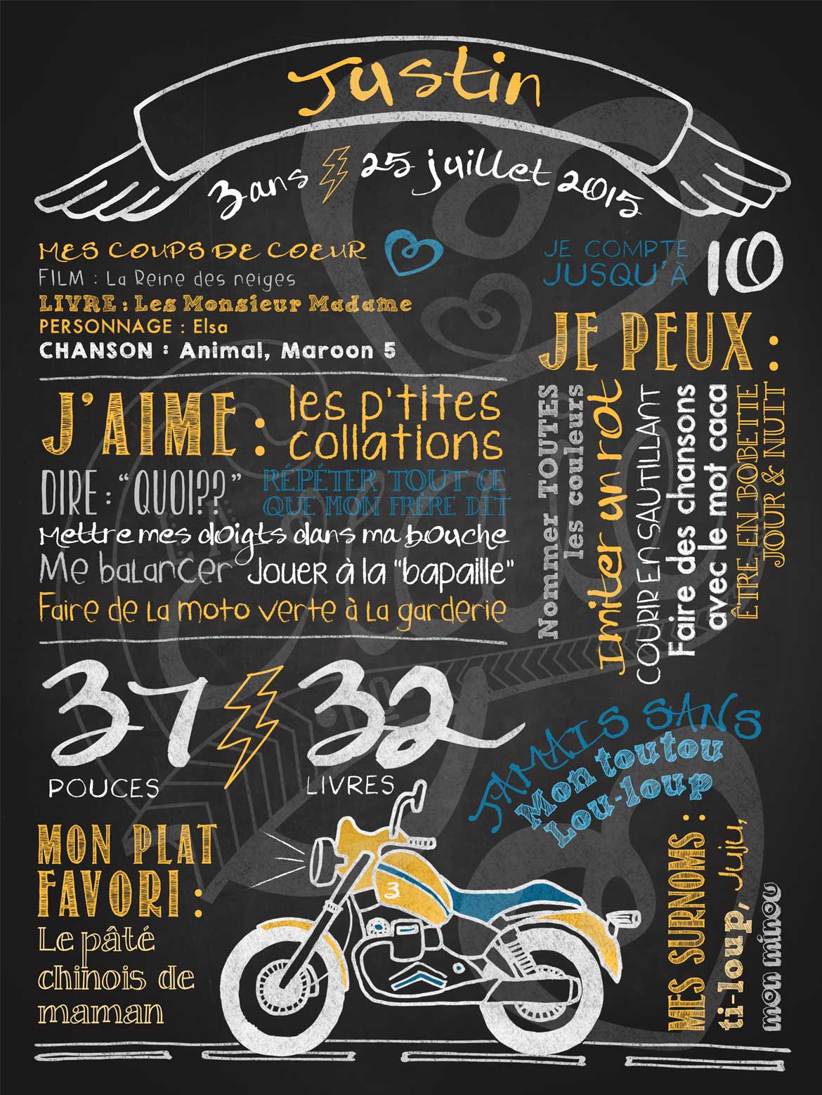 Affiche chalkboard anniversaire 2 à 5 ans Jeune motard - JAUNE