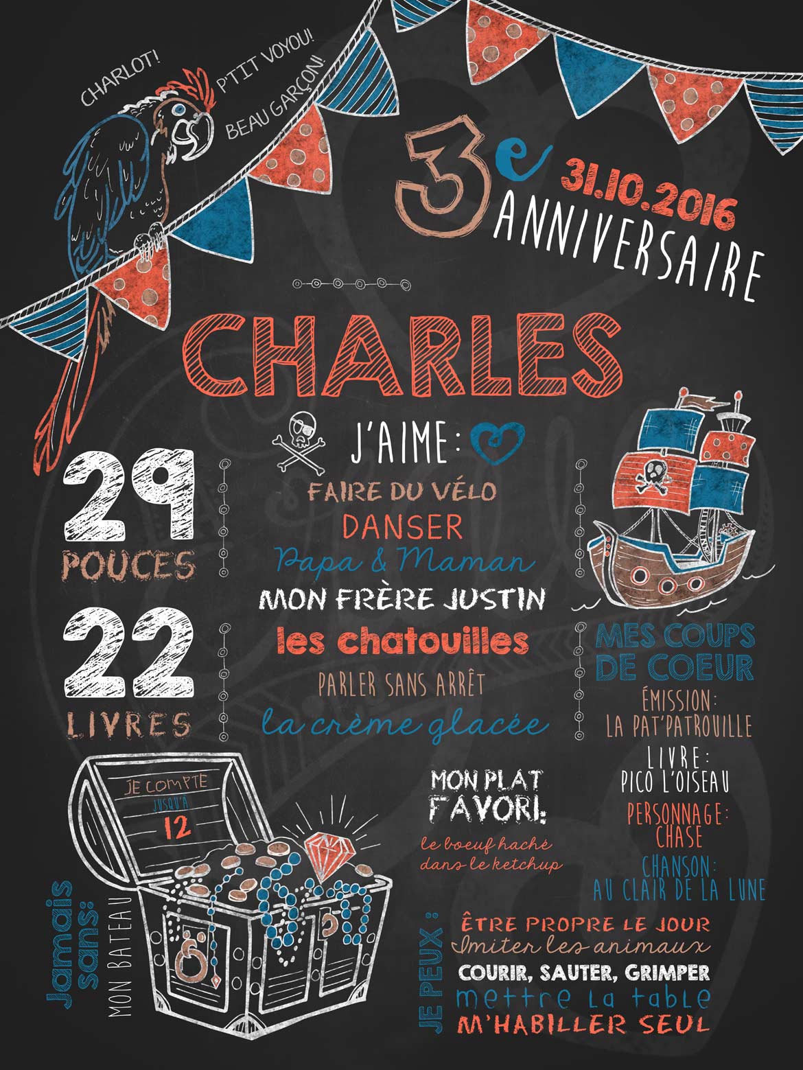 Affiche chalkboard anniversaire 2 à 5 ans Pirate Barbe orange - ORANGE