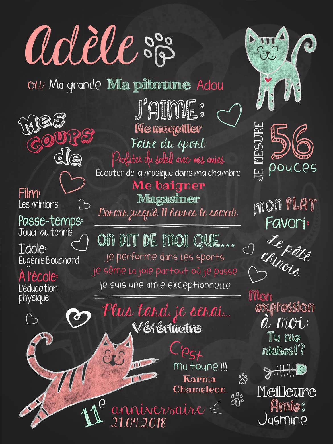 Affiche chalkboard anniversaire 6 à 12 ans Amour de chat - PÊCHE