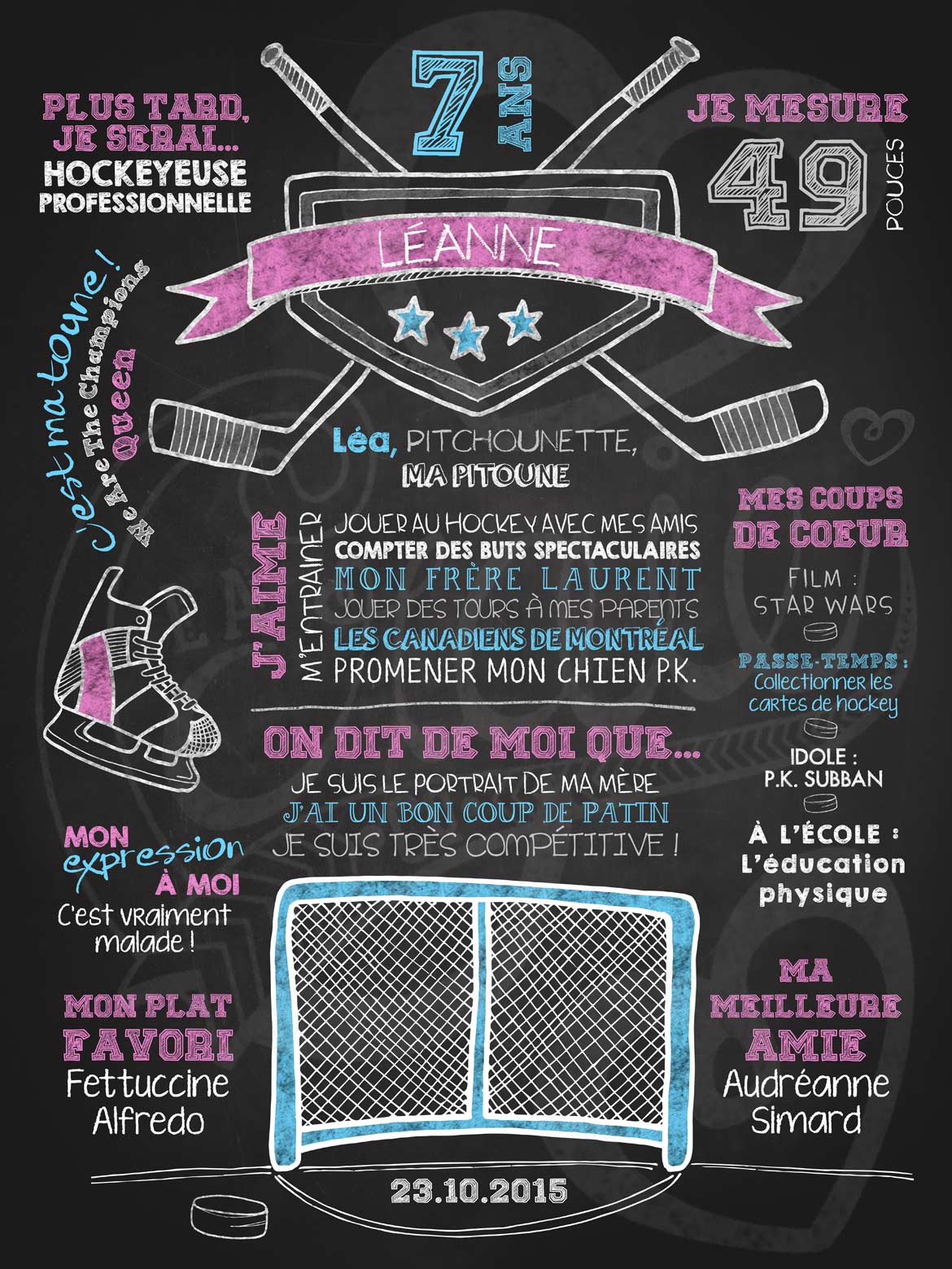 Affiche chalkboard anniversaire 6 à 12 ans Fan de hockey - ROSE