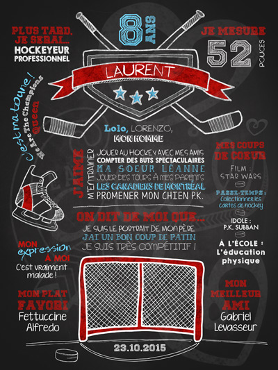 Affiche chalkboard anniversaire 6 à 12 ans Fan de hockey - ROUGE