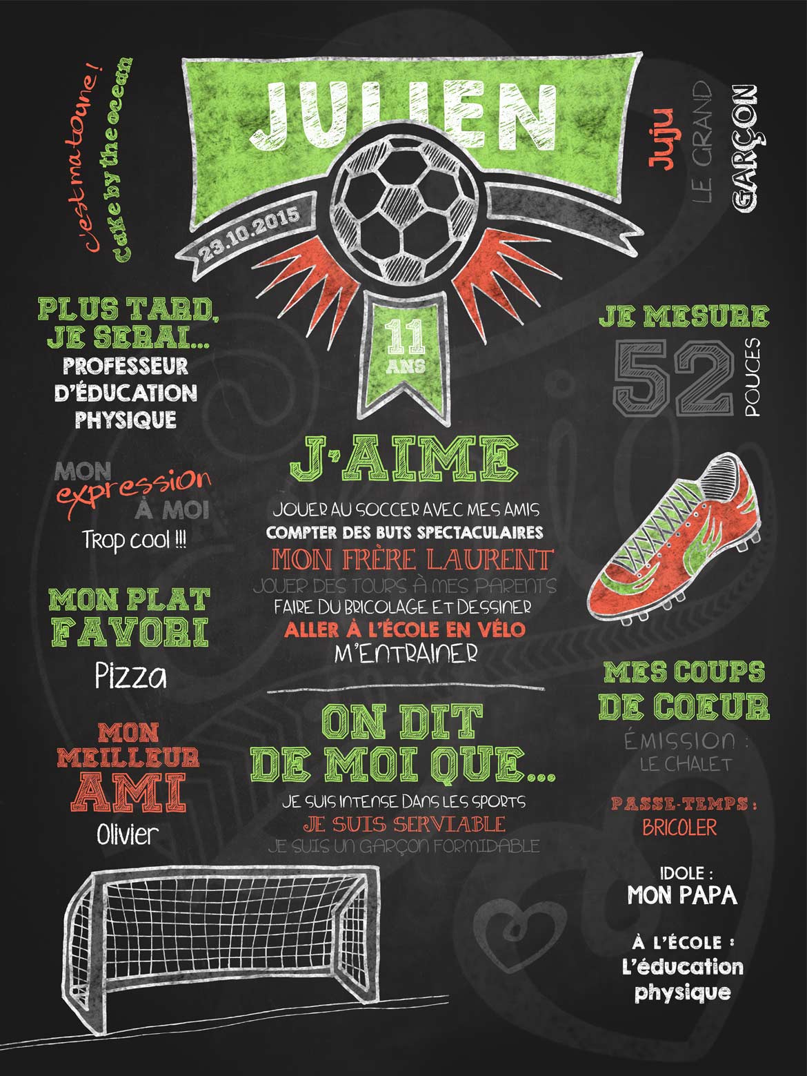Affiche chalkboard anniversaire 6 à 12 ans Fan de soccer - VERT