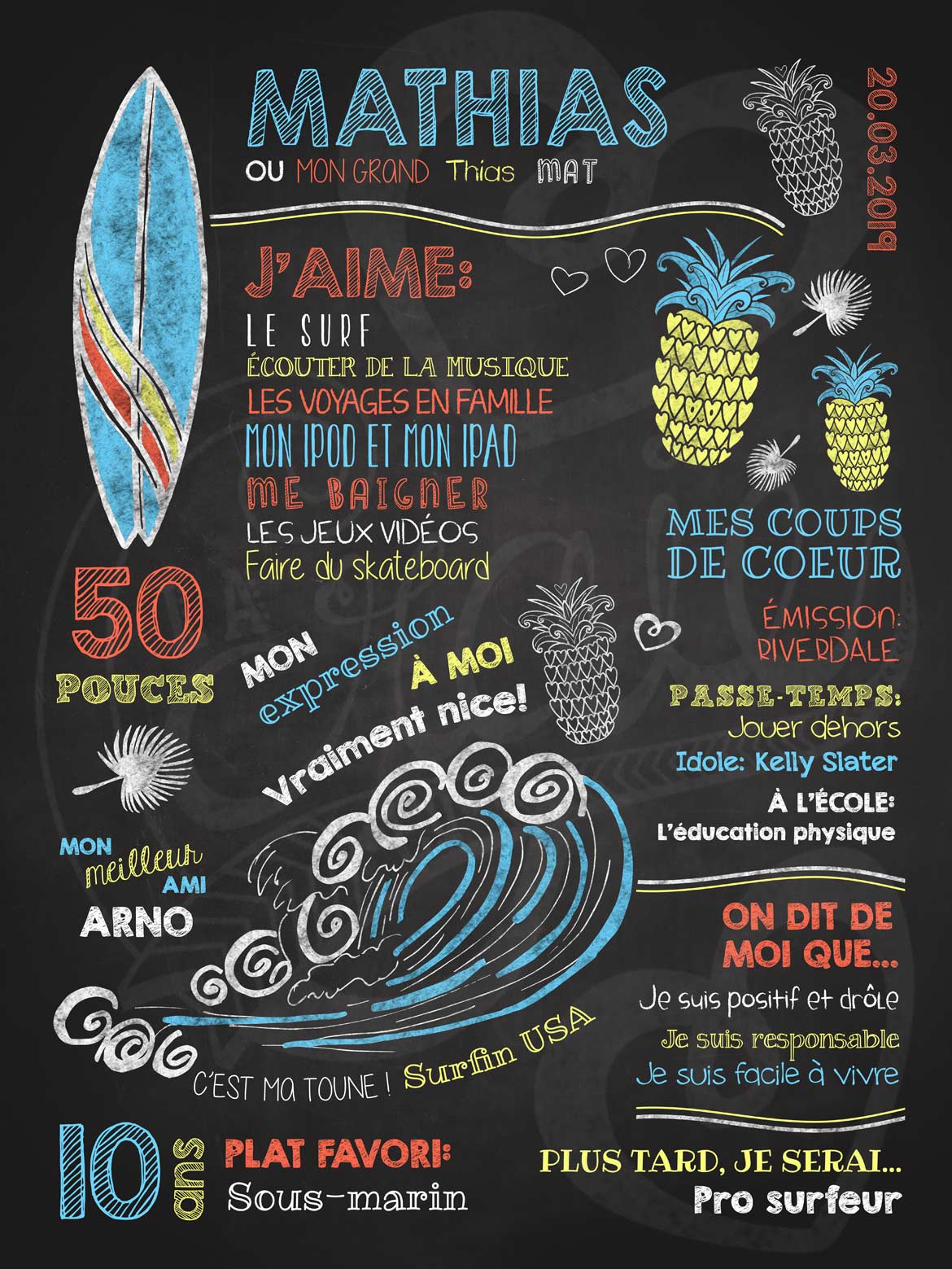Affiche chalkboard anniversaire 6 à 12 ans Surf's up - BLEU