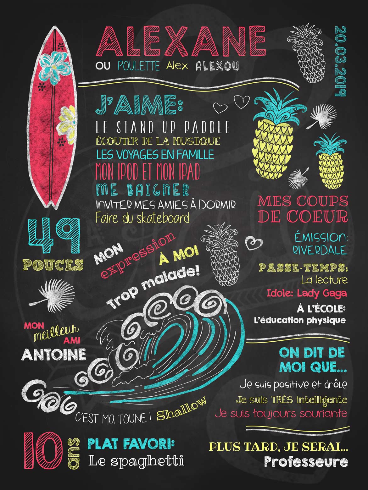 Affiche chalkboard anniversaire 6 à 12 ans Surf's up - CORAIL
