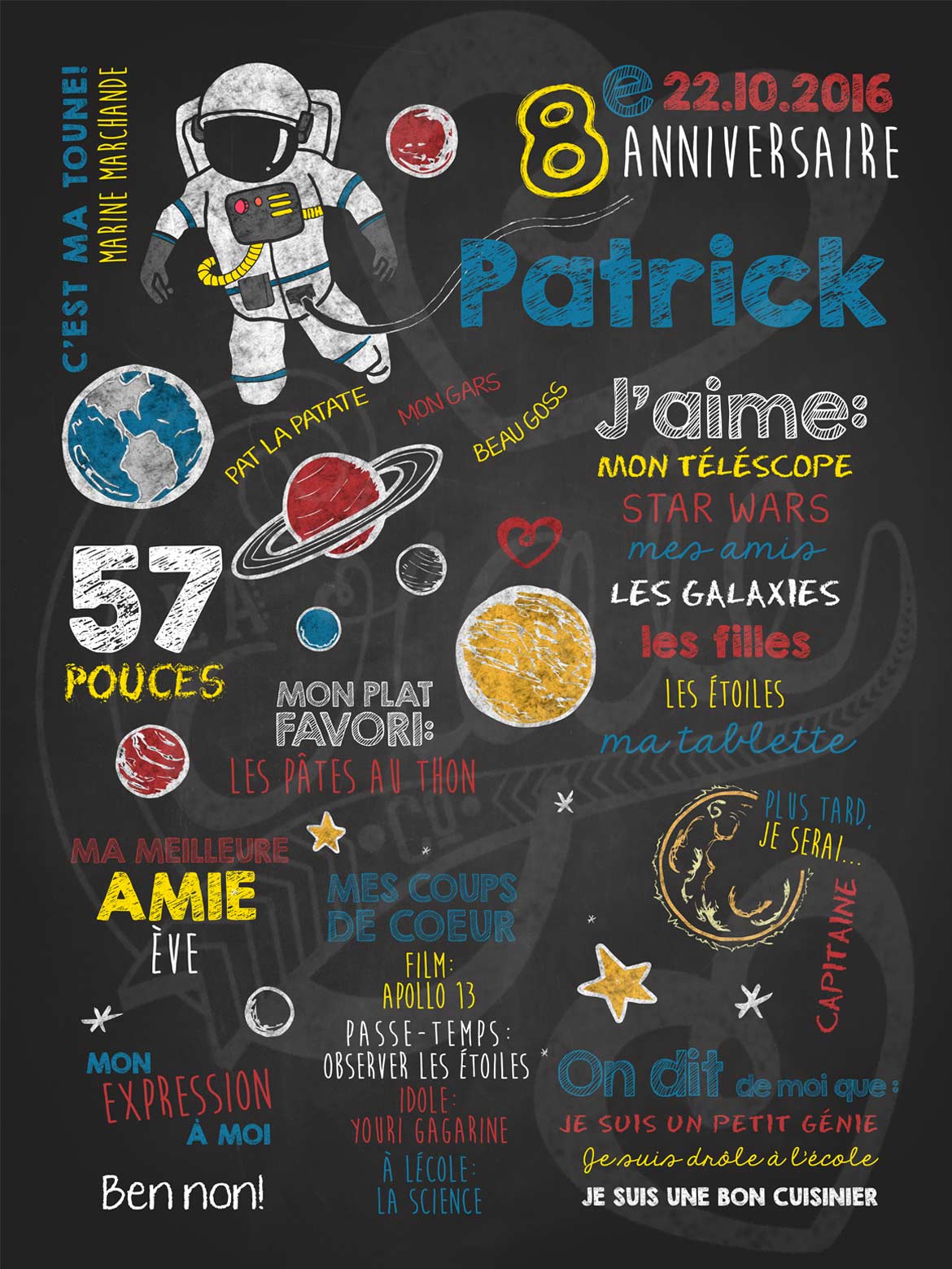 Affiche chalkboard anniversaire 6 à 12 ans Voyageur de l'espace - BLEU