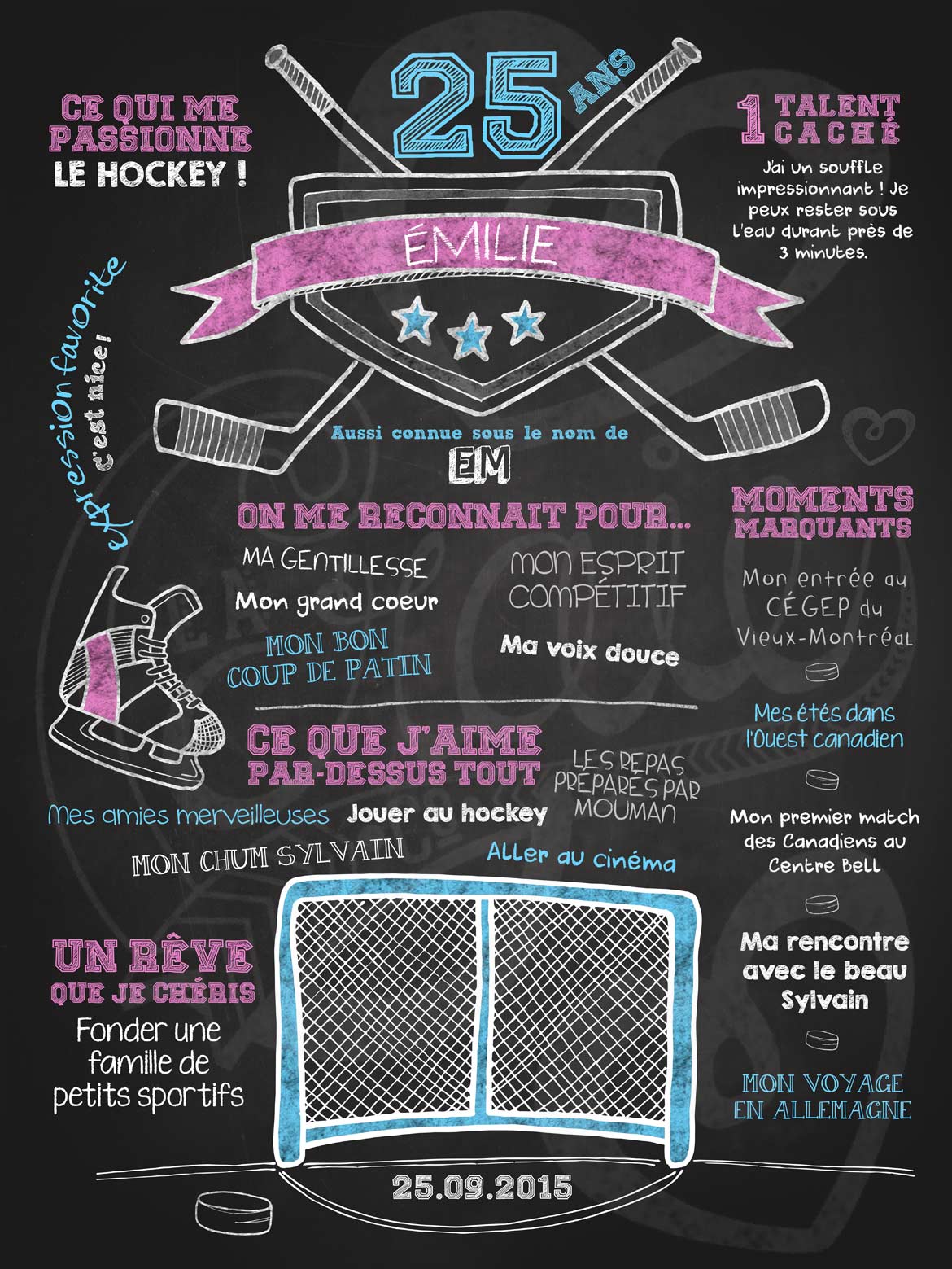 Affiche chalkboard anniversaire adulte Fan de hockey - ROSE