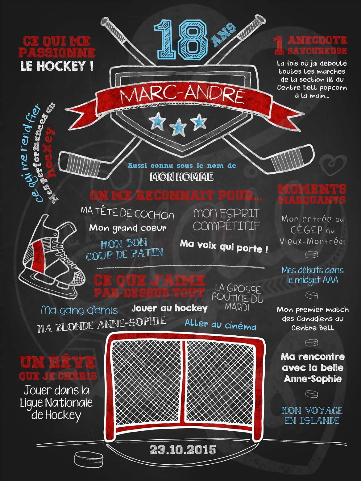 Affiche chalkboard anniversaire adulte Fan de hockey - ROUGE